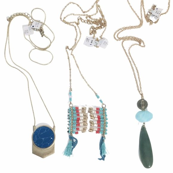 Lot of 3 Goldtone Boho Faux Turquoise Jade Pendant Necklaces Beaded 28" New - Picture 2 of 5